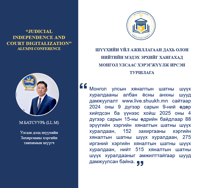 "ШҮҮХИЙН ҮЙЛ АЖИЛЛАГААН ДАХЬ ОЛОН НИЙТИЙН МЭДЭХ ЭРХИЙГ ХАНГАХАД МОНГОЛ УЛСААС ХЭРЭГЖҮҮЛЖ ИРСЭН ТУРШЛАГА" сэдэвт илтгэлээс...